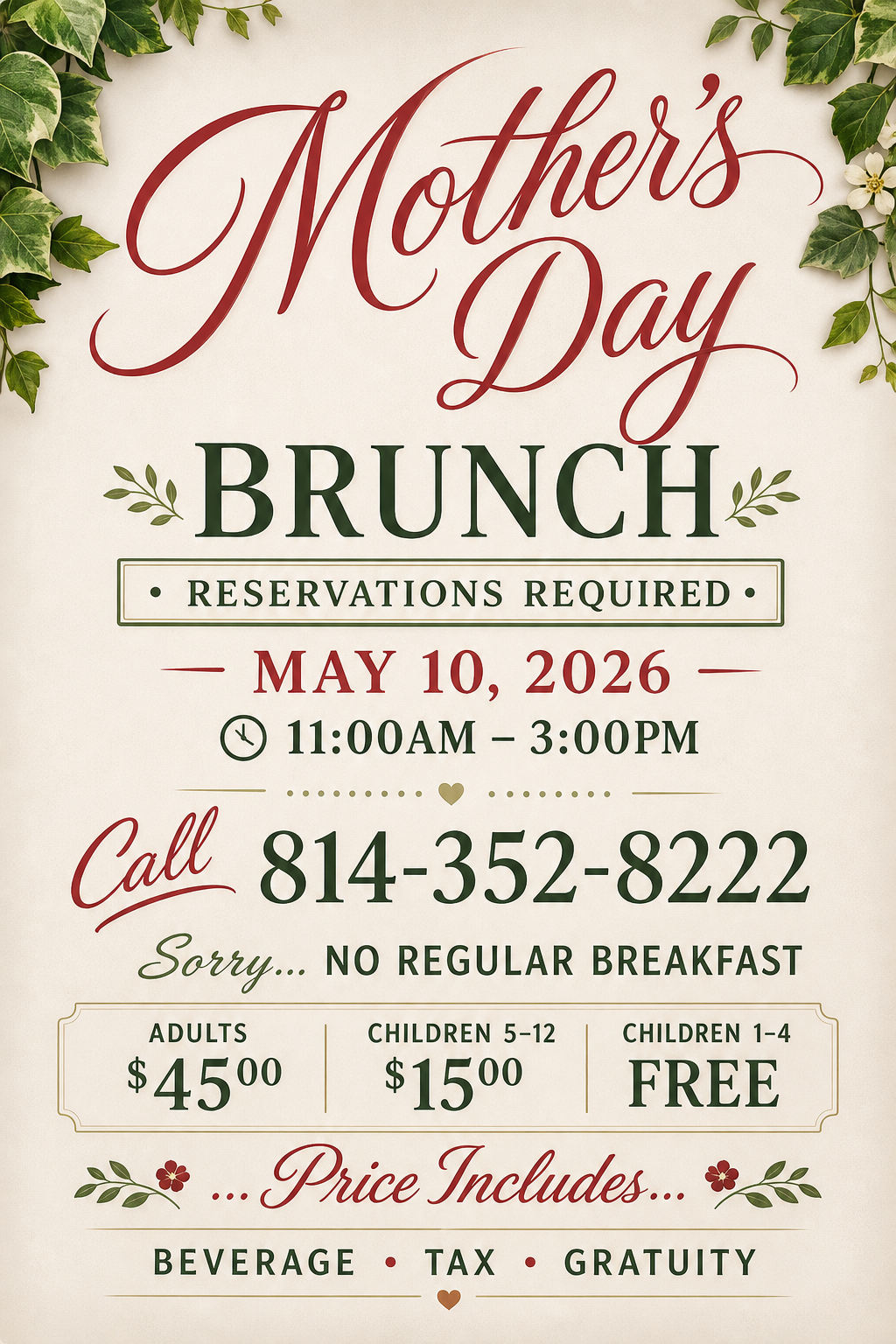 Mother's Day Brunch at Trenthouse Inn on May 10, 2026 from 11:00 AM to 3:00 PM