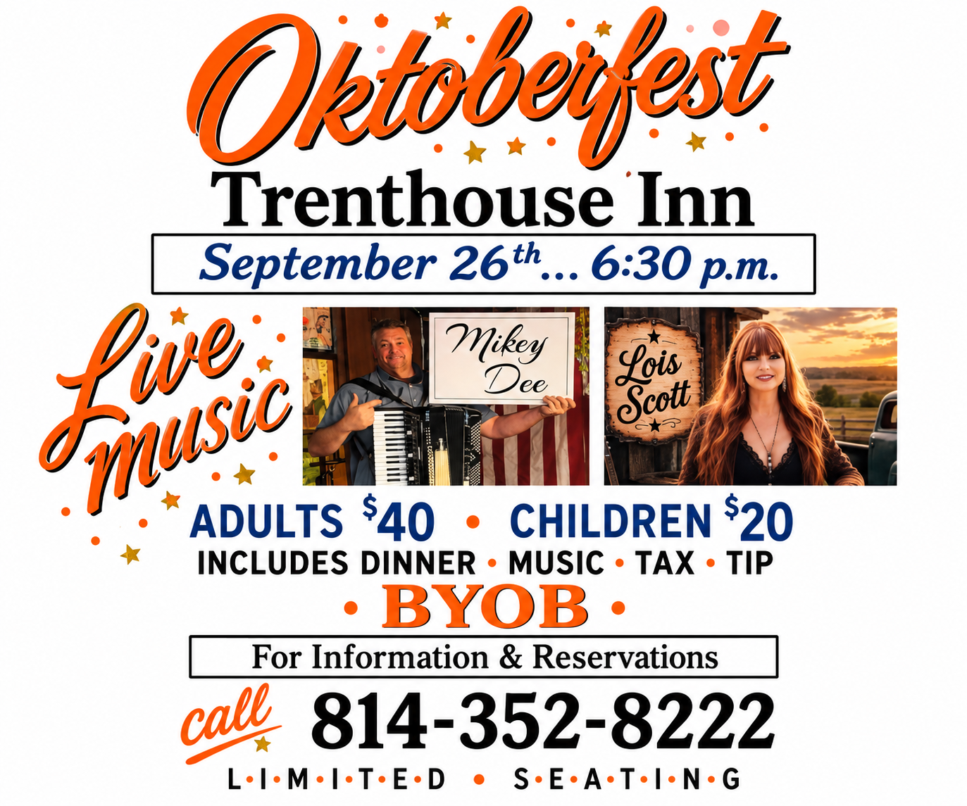 Trenthouse Inn Oktoberfest September 26, 2026 featuring live music by Mikey Dee and Lois Scott